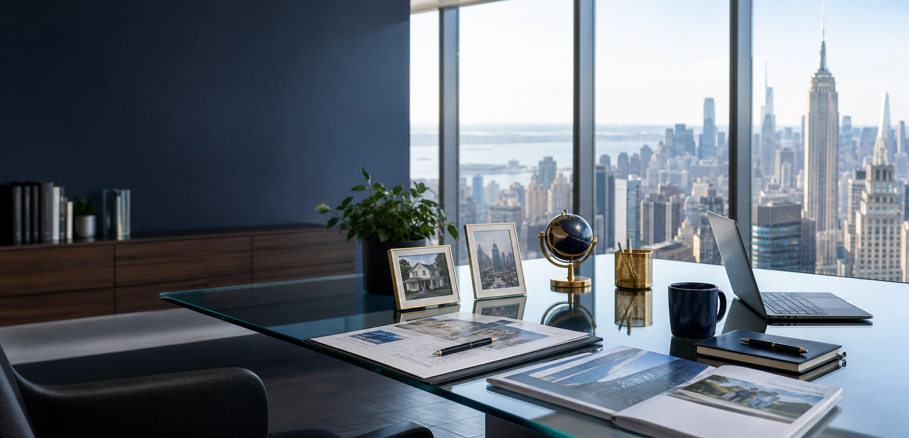 New York insurance agency office with skyline, business documents, and personal insurance cues